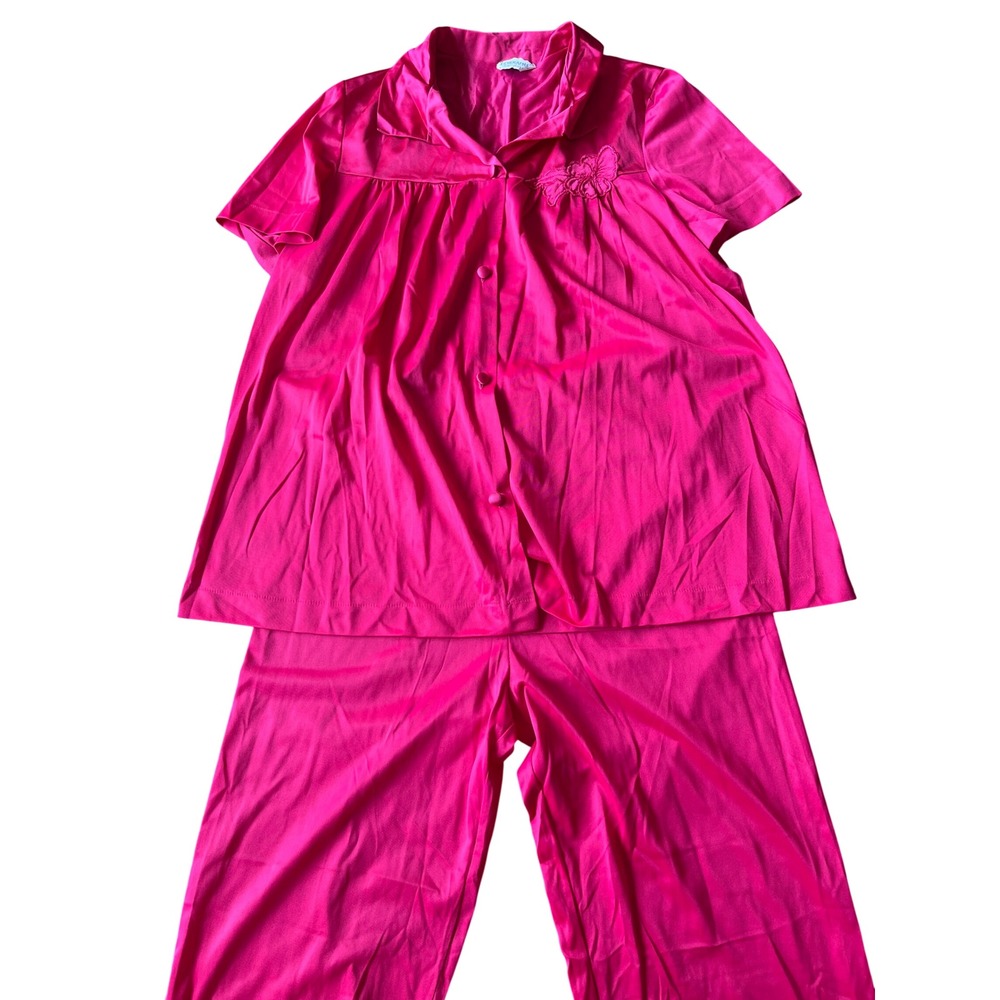 Vintage Lorraine Hot Pink Nylon Pajama Set Short Sleeve Button Front Small USA